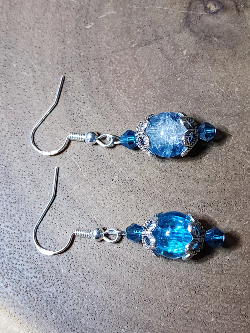 Hand Crafted Dangle Earrings With Crackled Blue & Clear Beads - Picture 6 of 9